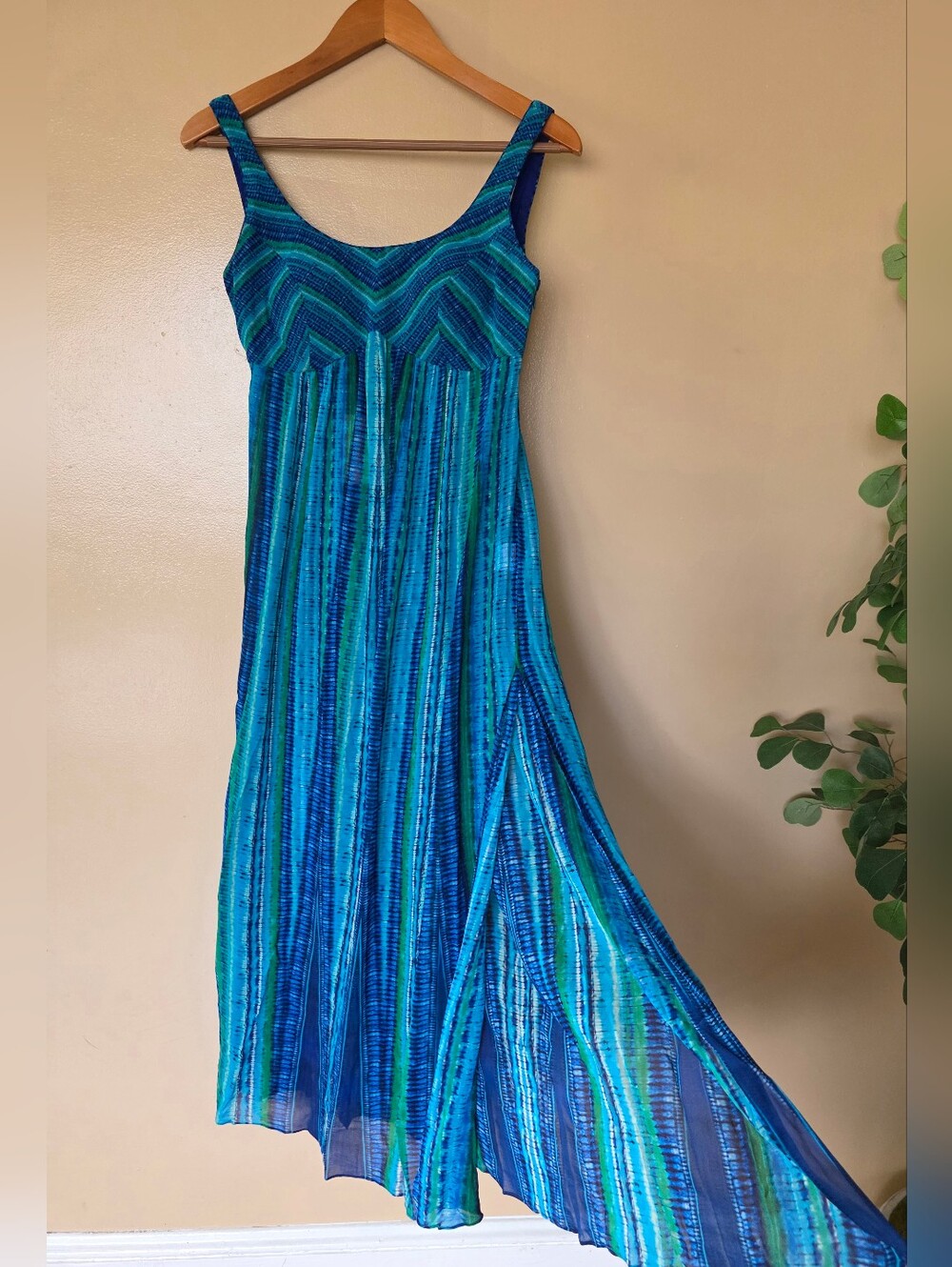 Anita Dongre NWT $400 Blue Sheer Maxi Dress XS High Slit Viscose Resort Vacation